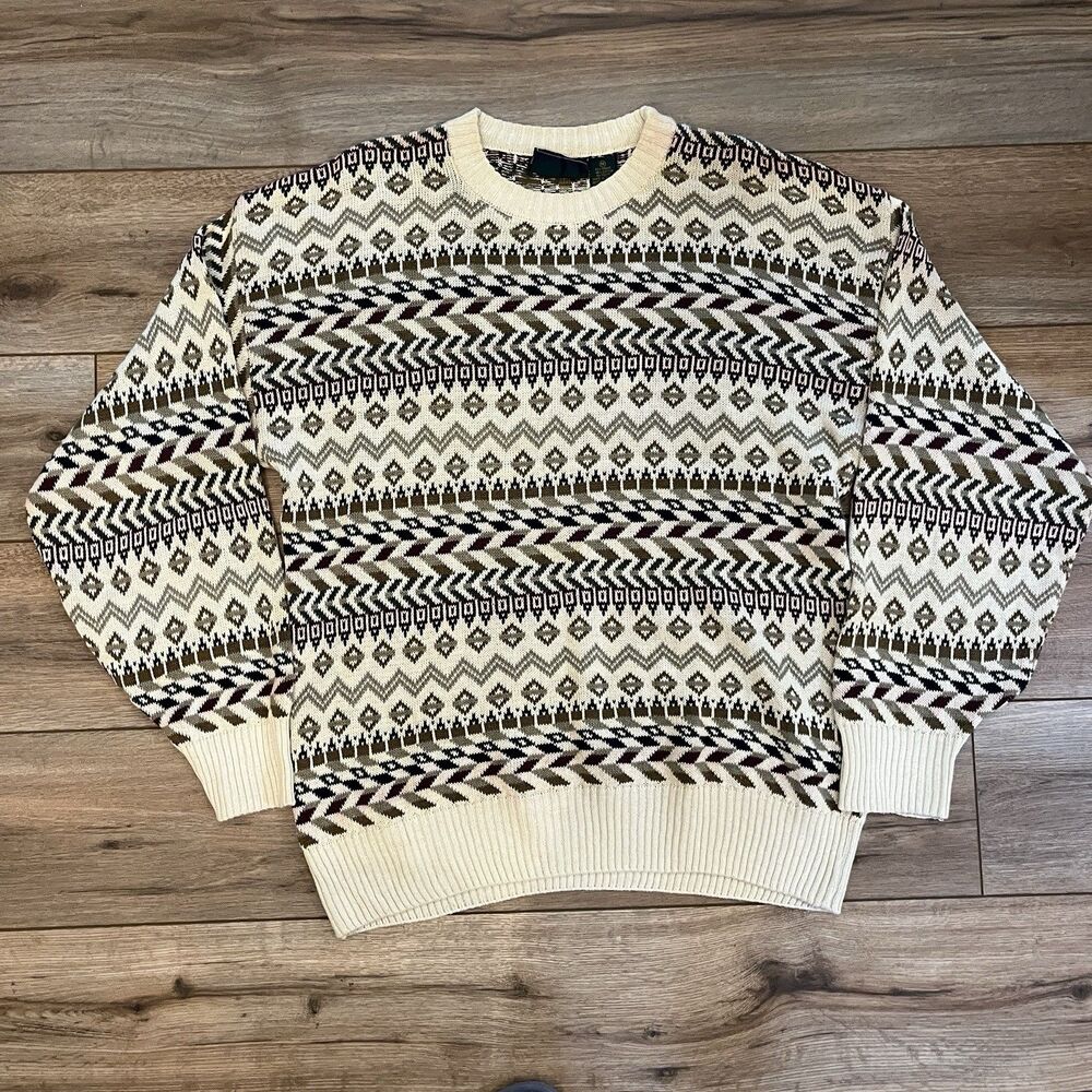 Vintage Hunting Horn Classics Geometric Pattern Knit Sweater Cream Sz M (Fits L)